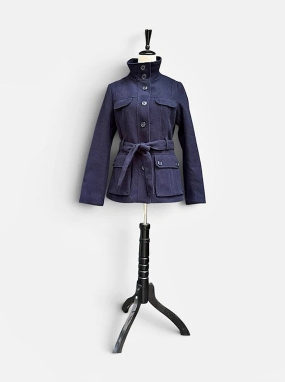 H&M Belted Button Up Pea Coat Winter Jacket in Navy Women’s Sz 8